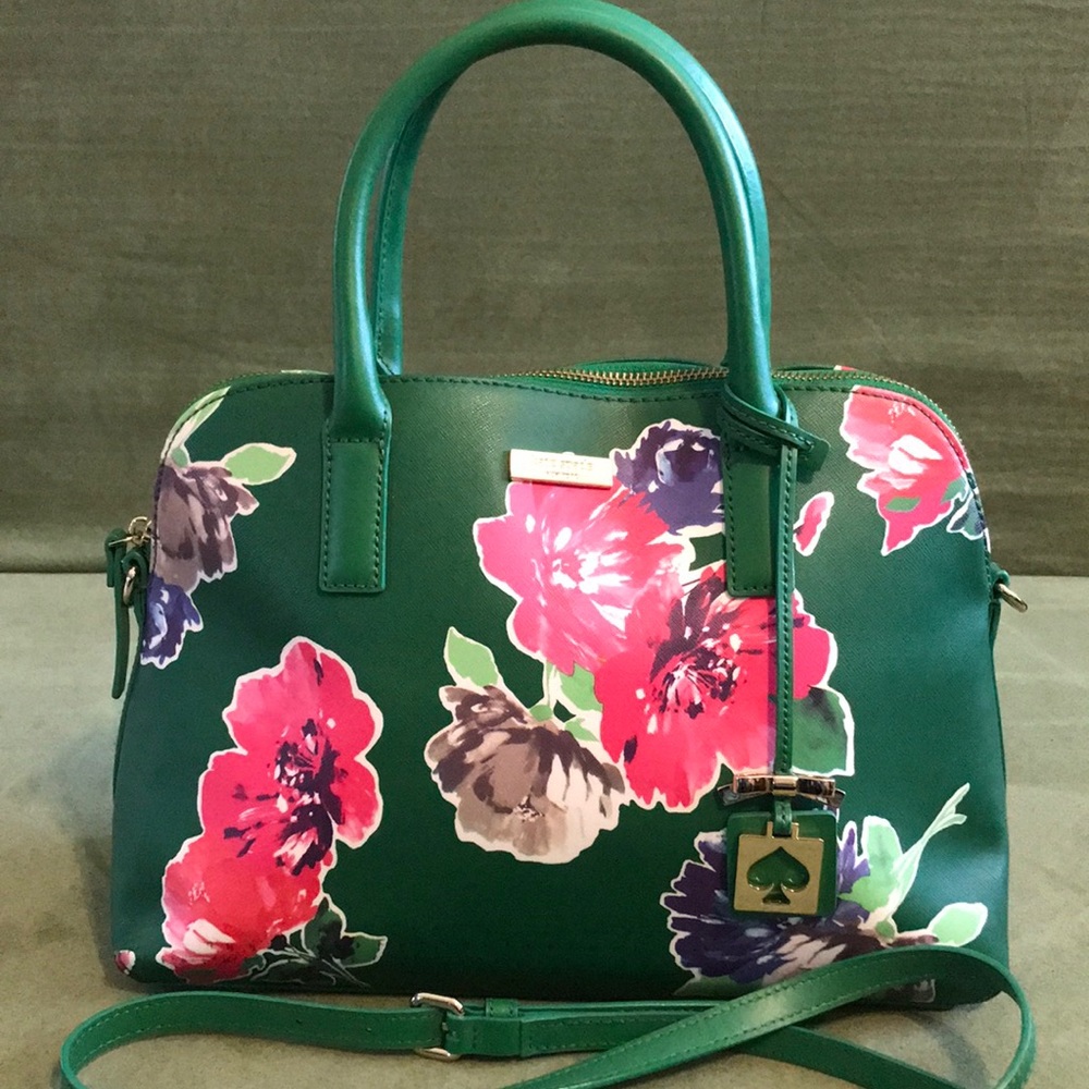 kate spade green floral satchel with pink and purple blooms